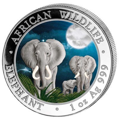 Somalia Elephant African Wildlife Series Silver coin 2014 Night scene 1 oz